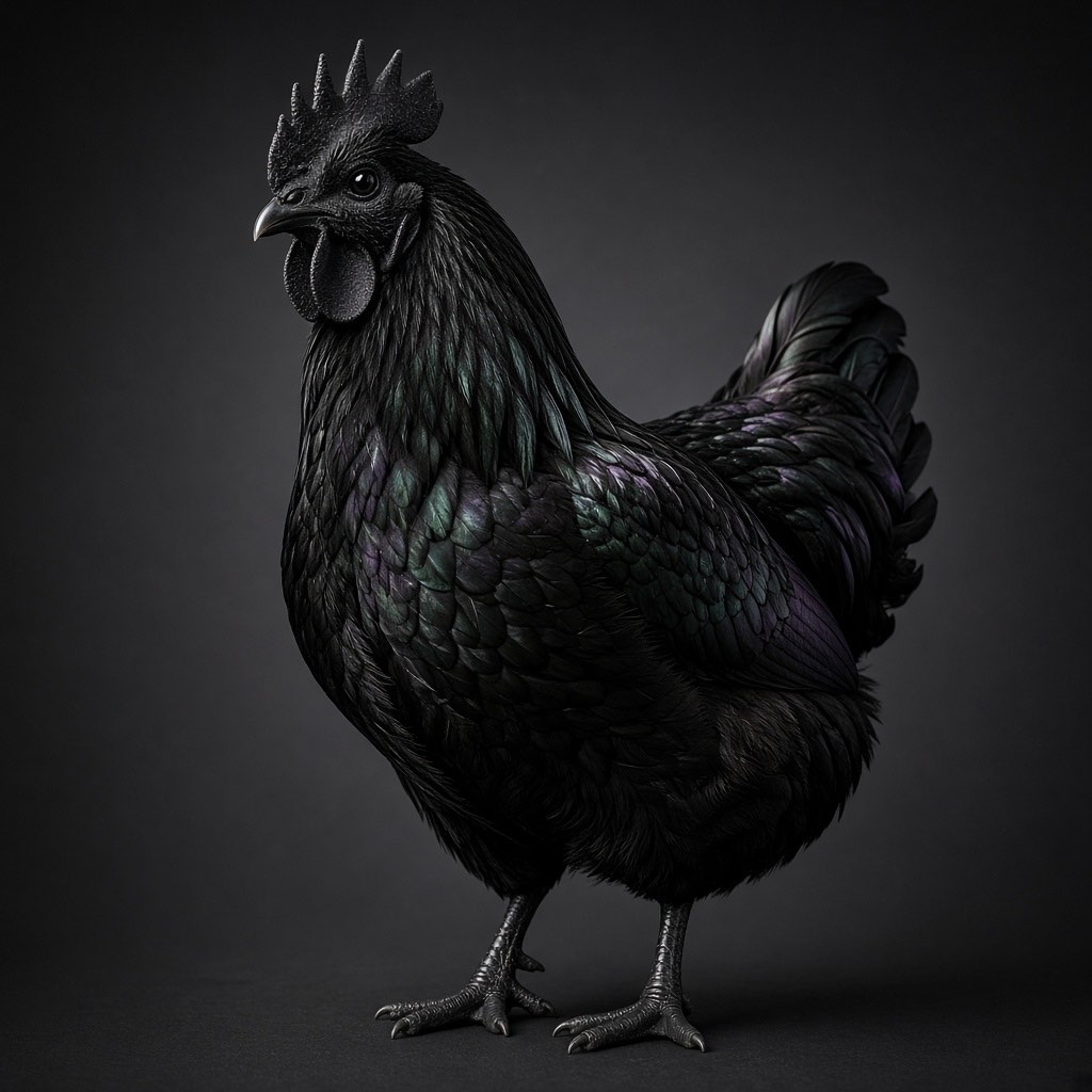An Ayam Cemani chicken with entirely jet black feathers, comb and legs against a dark background