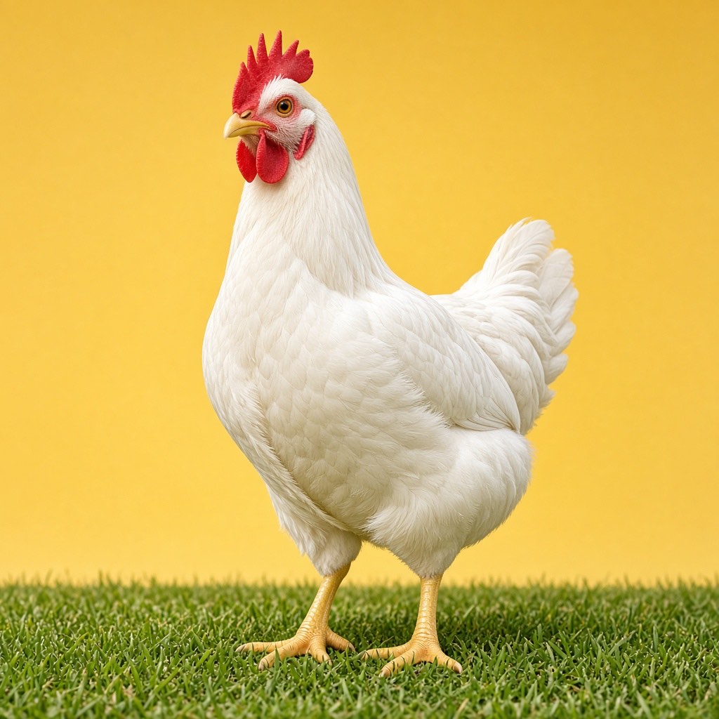 A White Leghorn hen with sleek white plumage and a tall red comb on grass against a yellow background