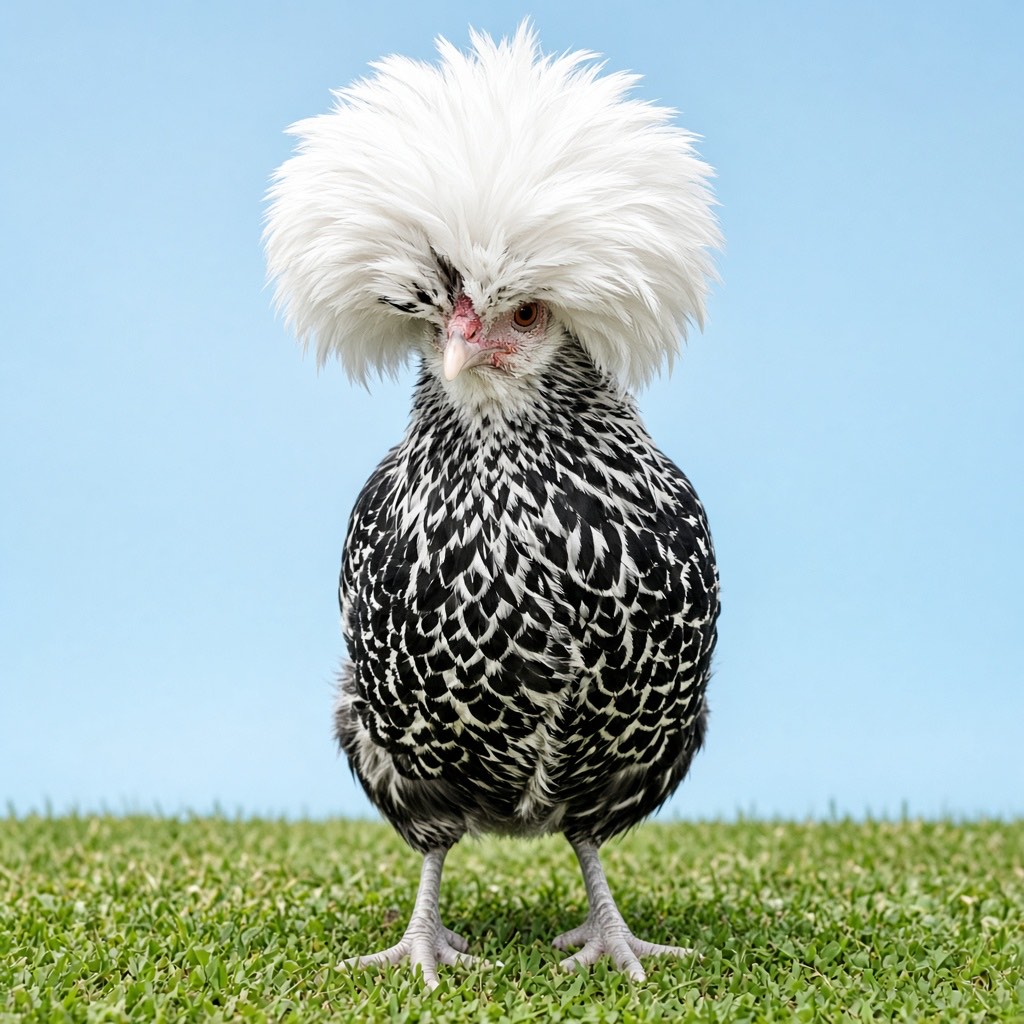 A Polish chicken with an enormous white feather crest covering its head, on grass against a blue background