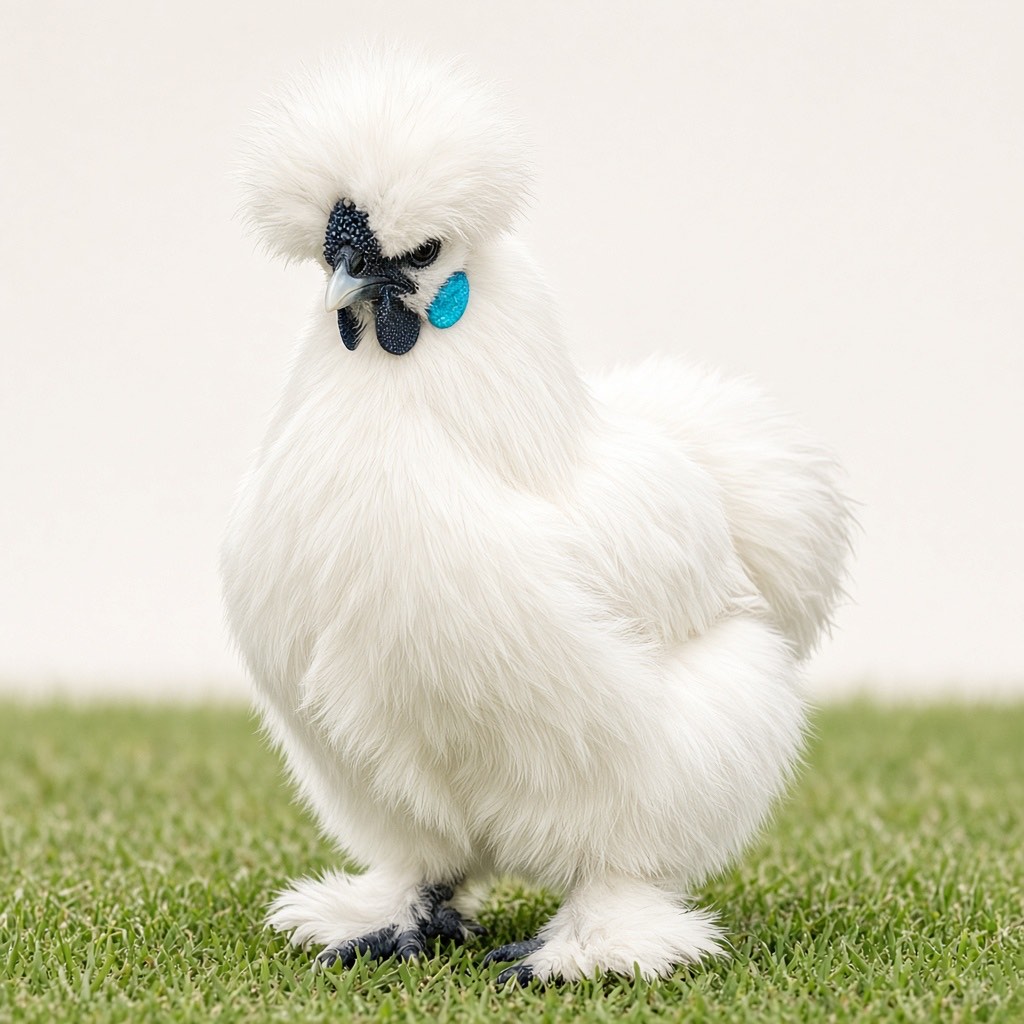 A pure white Silkie chicken with fluffy fur-like plumage and turquoise earlobes standing on grass