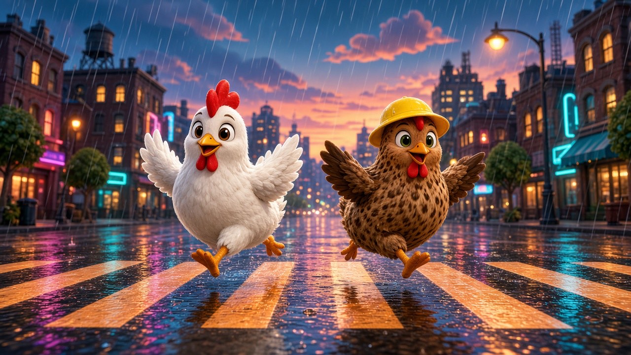 Chicken Road 2 artwork: two cartoon hens, one in a yellow rain hat, hopping across a rain-slicked neon city crosswalk at dusk
