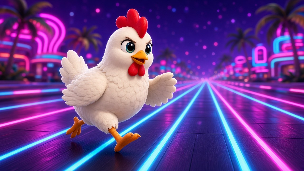 Chicken Road artwork: a cartoon white hen striding across a neon-lit night highway with glowing cyan and magenta lane markings