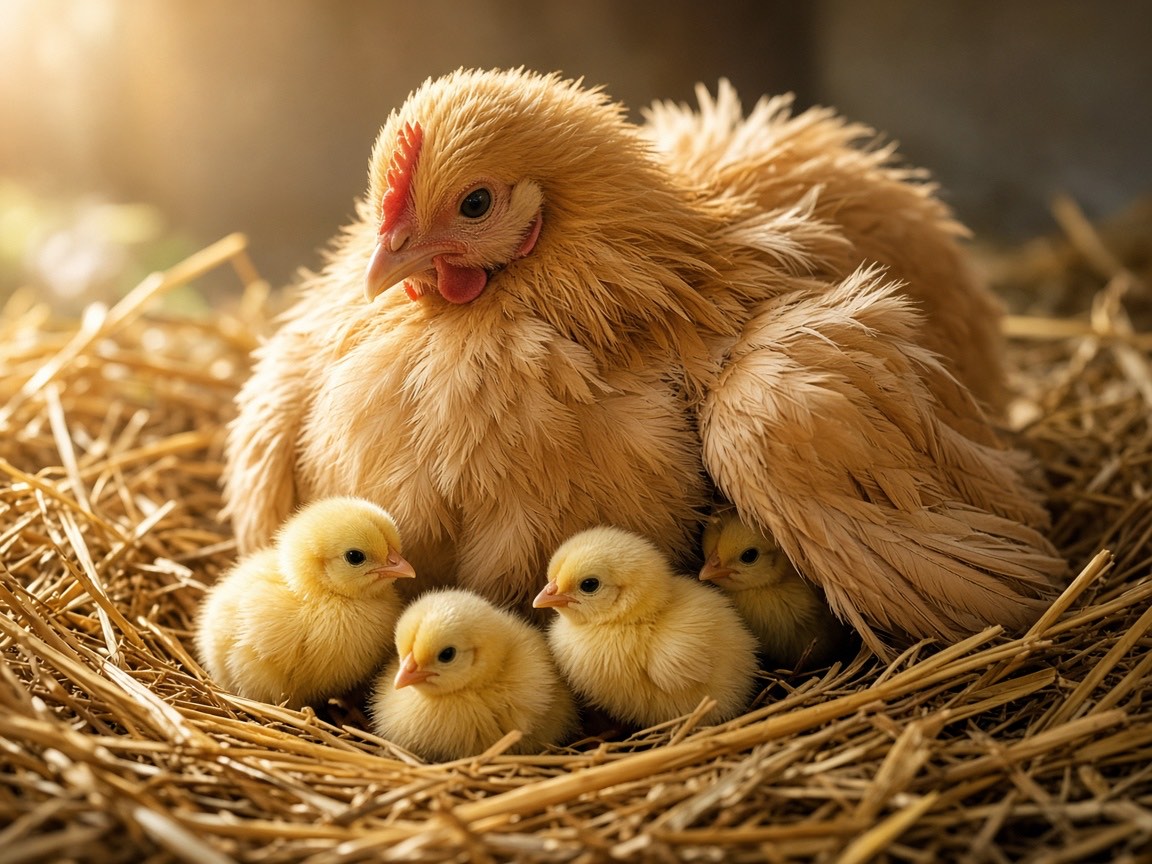 A fluffy mother hen in golden straw sheltering four newly hatched yellow chicks