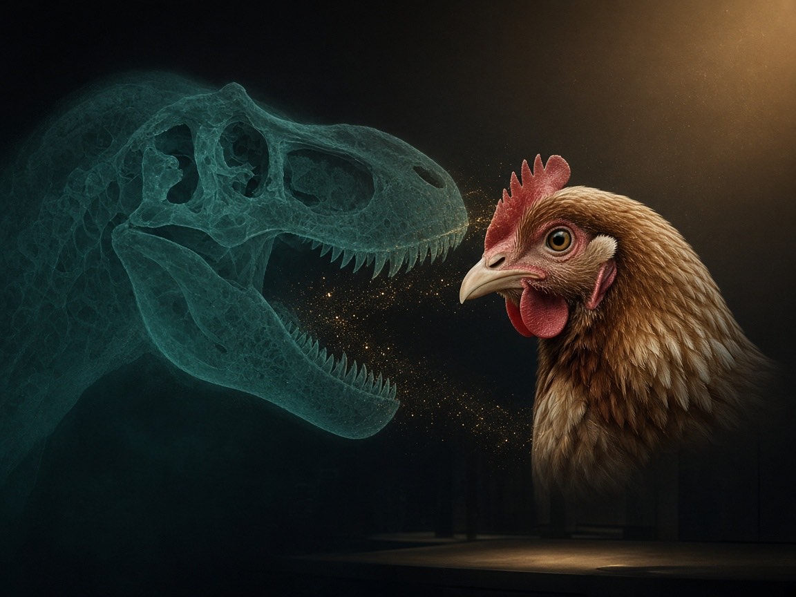Glowing teal Tyrannosaurus rex skull facing a photorealistic hen's head in profile