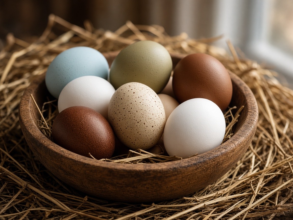 Blue, olive, brown, speckled and white chicken eggs in a rustic wooden bowl on straw