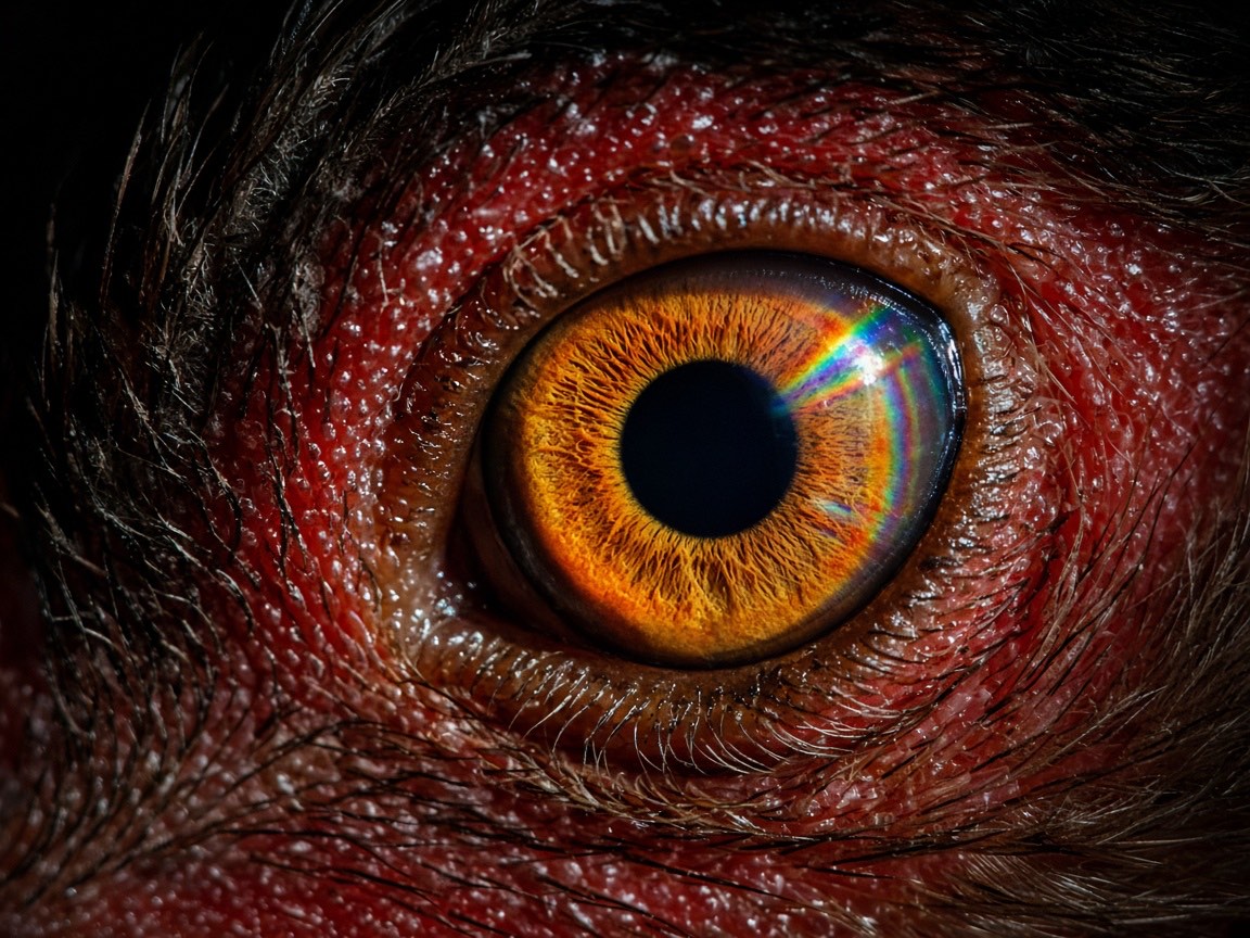 Extreme macro photograph of a chicken's amber eye with a rainbow light reflection