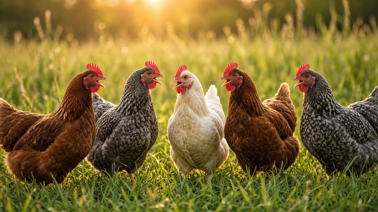 Five mixed-breed hens standing close together on grass in golden evening light, beaks open as if talking