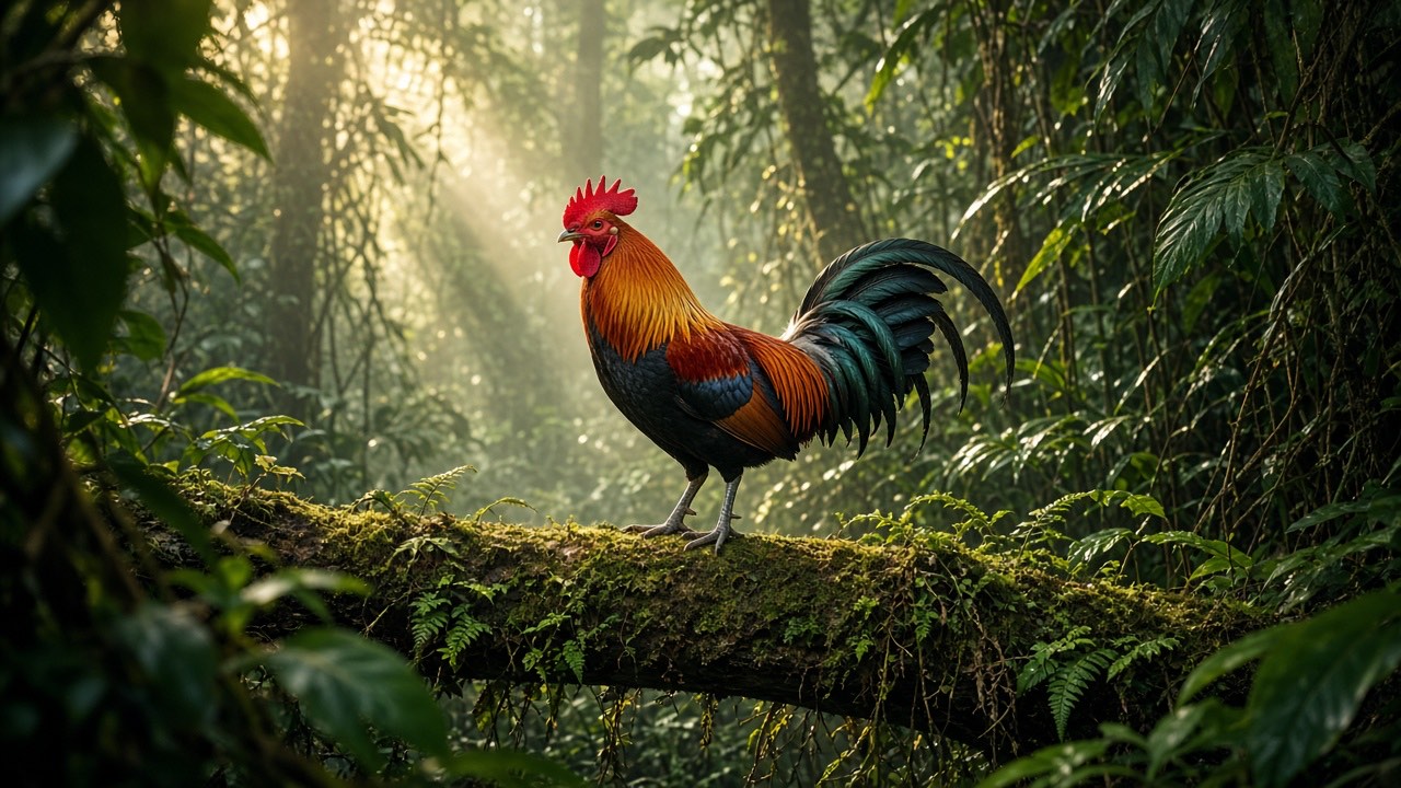 A wild red junglefowl with fiery orange neck feathers perched on a mossy log in a misty rainforest